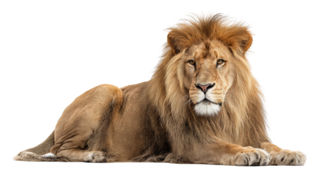 Majestic male lion lying down on transparent background