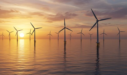 Offshore wind turbines standing on calm sea water during golden sunset, representing renewable energy solutions and environmental conservation efforts.