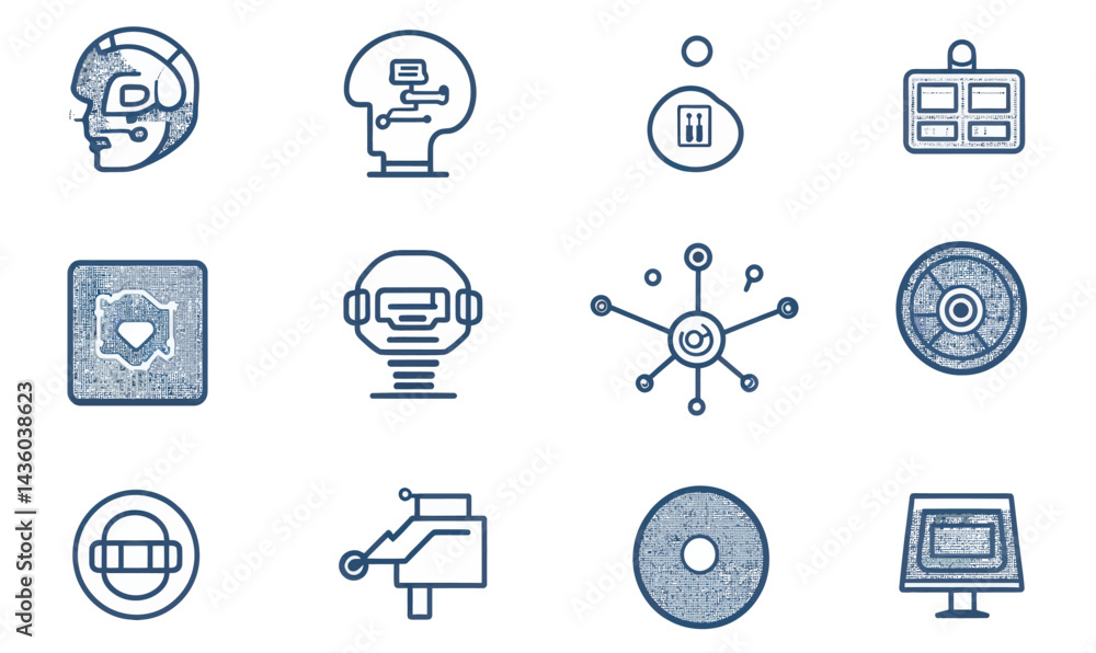 Poster ai artificial intelligence icon set - machine learning, robotics, technology concepts in blue minima