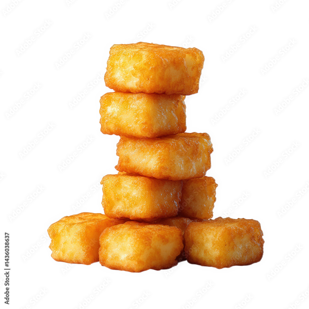 Poster stack of golden-brown. crispy potato tots arranged neatly. showcasing their texture and appealing co