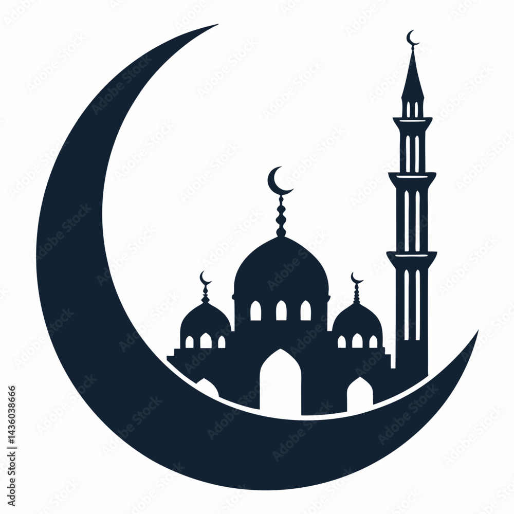 Poster create a bold, vector illustration of an islamic crescent moon and star. ensure strong, clean lines 