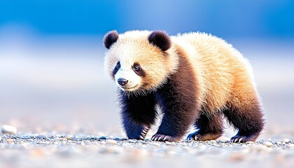 Fototapeta premium Adorable fluffy panda cub ambles on gravelly ground against a vibrant blue backdrop