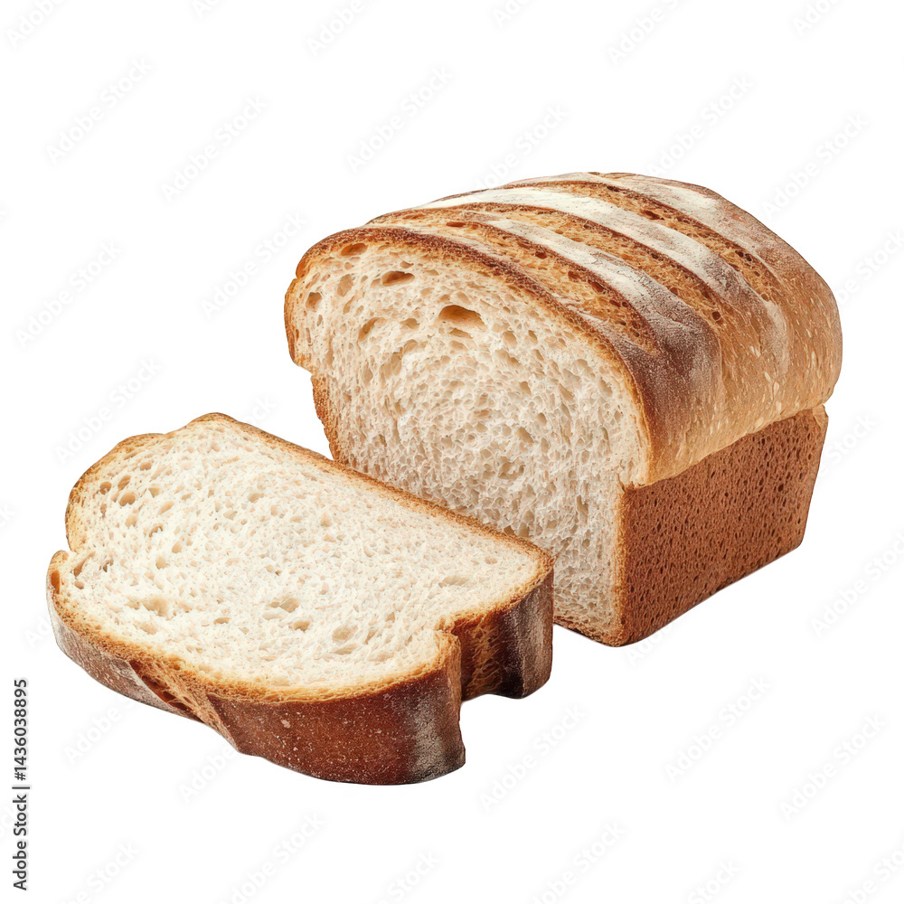 Poster loaf of sliced bread with a few slices cut from it. showcasing its soft texture and crusty exterior 