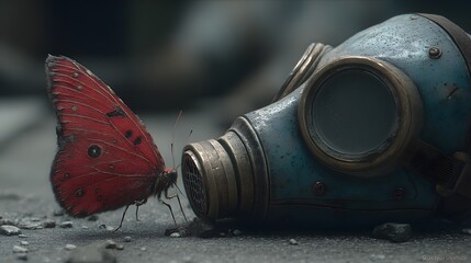 Fototapeta premium A striking juxtaposition of nature and industrial decay, showcasing a red butterfly resting on an old gas mask