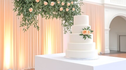 Elegant five-tiered wedding cake adorned with peach roses and greenery, displayed against a peach backdrop