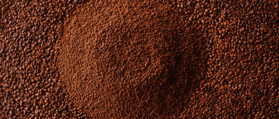 Roasted coffee beans and ground coffee texture aromatic drink ingredient caffeine beverage brown color