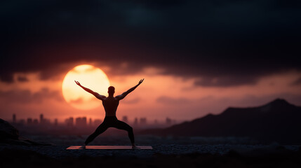 Fototapeta premium Yoga practice at sunset over a city skyline