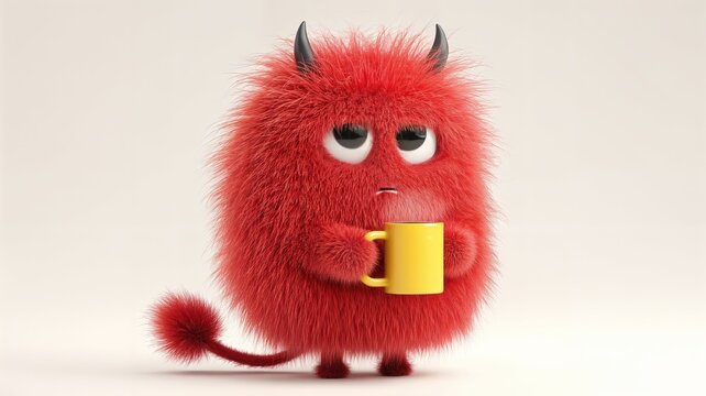 Un peque&ntilde;o demonio peludo rojo sostiene una taza amarilla.