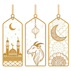 Design bold vector illustrations of Qurbani animal tags.  Include various designs, showcasing intricate details and strong outlines.