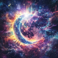 Una luna brillante en un fondo cósmico vibrante y nebuloso con colores brillantes y estrellas.