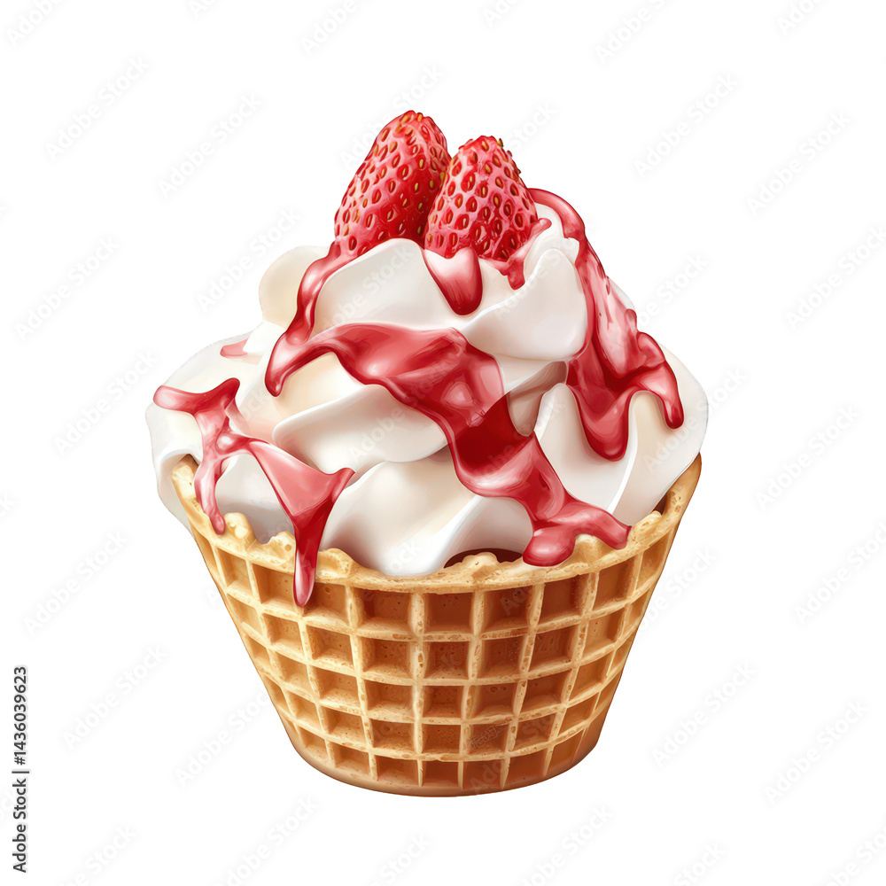 Poster delicious dessert consisting of a waffle cone filled with soft-serve ice cream topped with whipped c
