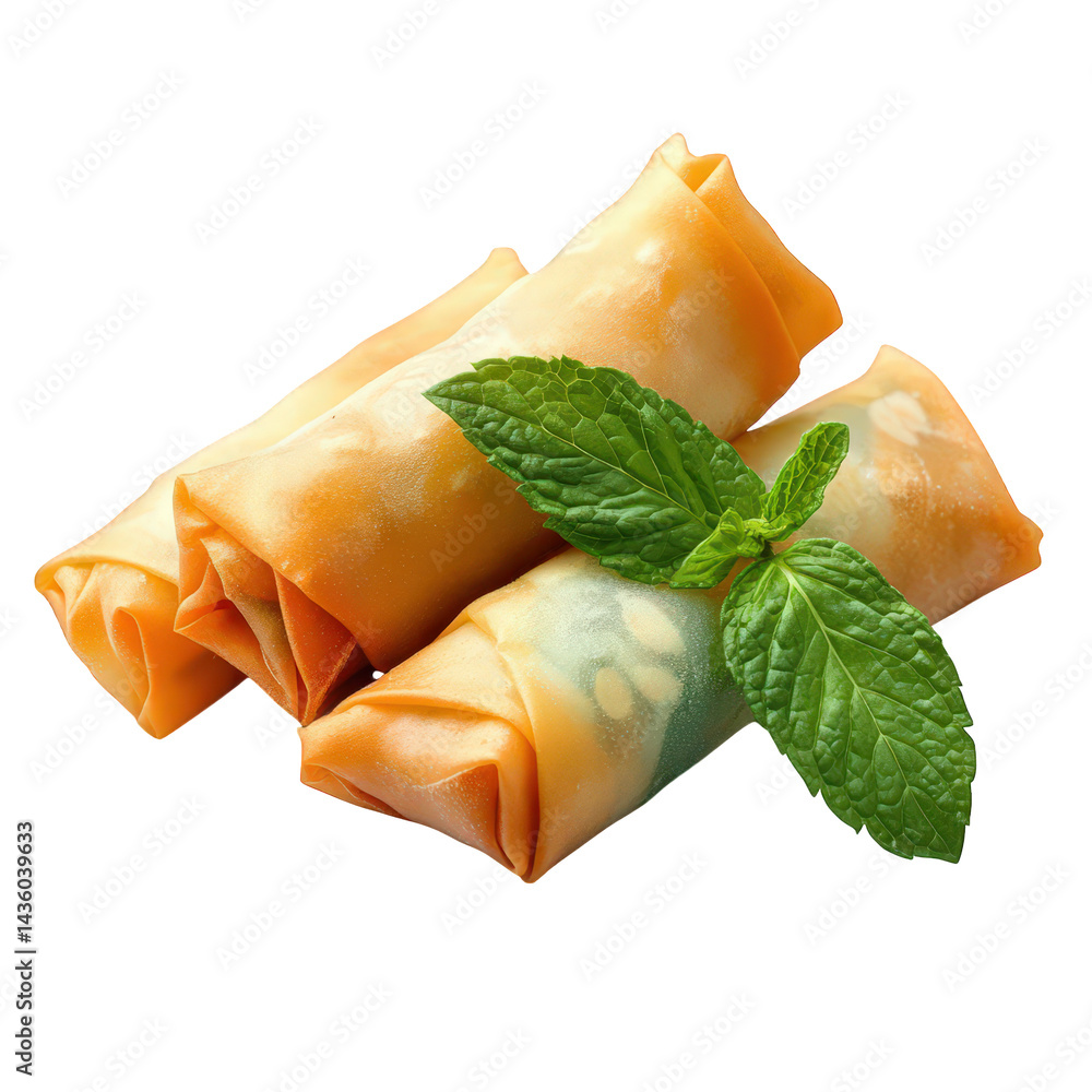 Poster three neatly arranged spring rolls. showcasing a vibrant orange color with a hint of green peeking t