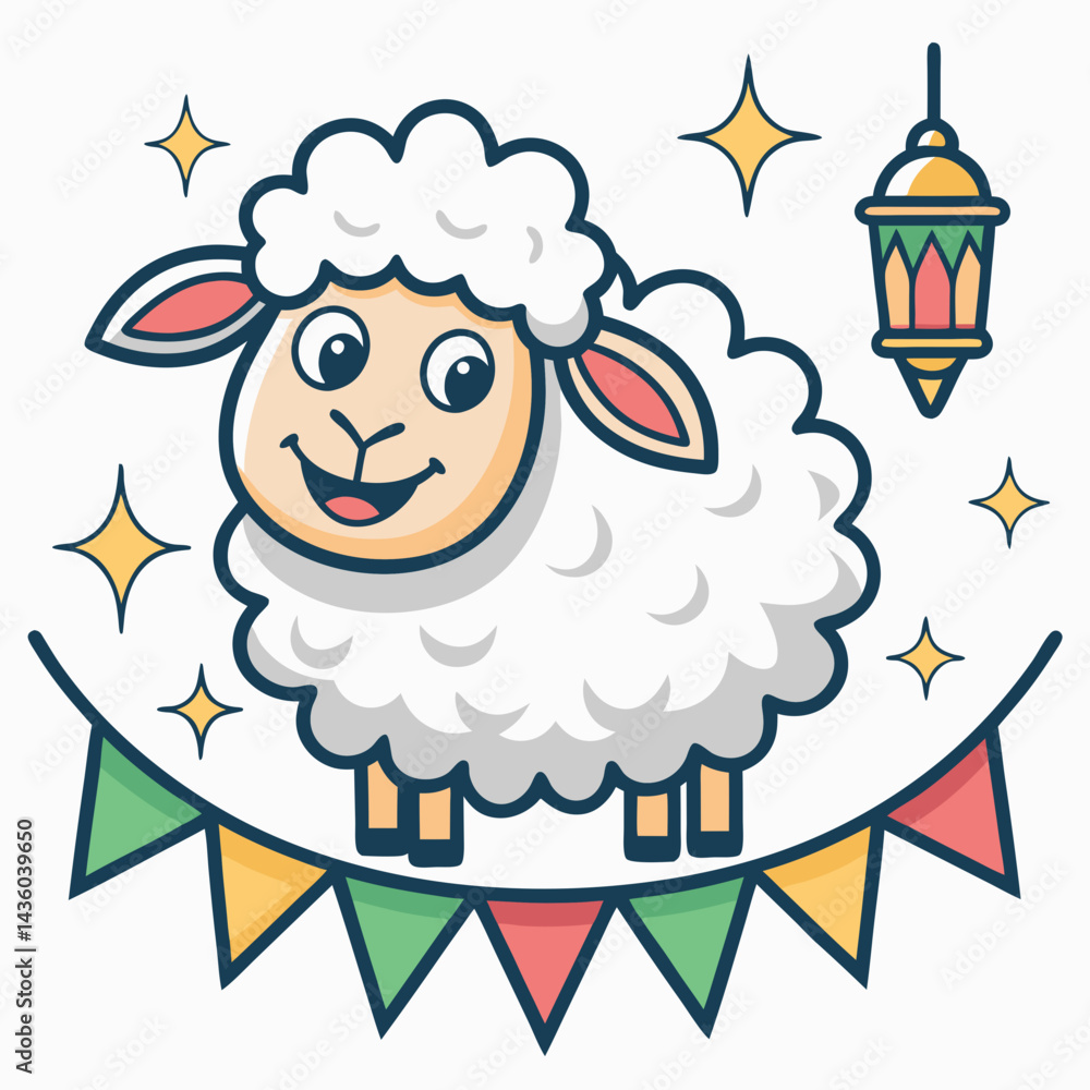 Poster create a vector illustration of a smiling sheep with bold, black strokes, featuring expressive eyes.