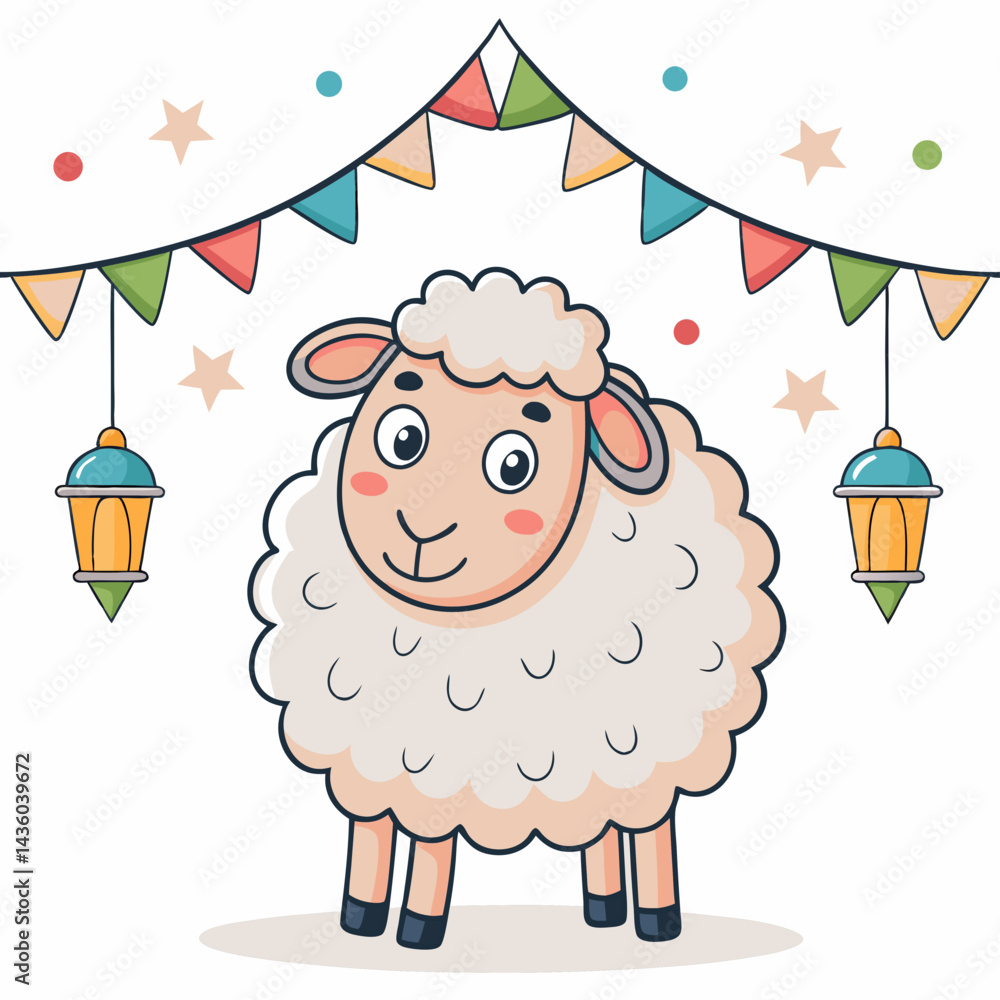 Poster create a vector illustration of a smiling sheep with bold black outlines, exhibiting a cheerful expr
