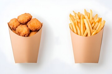 Crispy chicken nuggets and golden french fries in paper cones