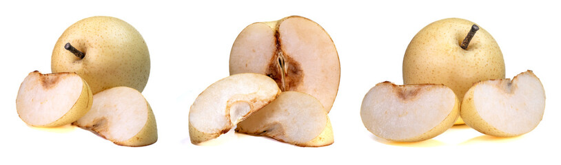 Collection of whole and cut pears in various compositions and angles, isolated on white background