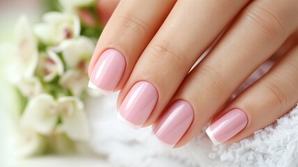 Manos femeninas con uñas rosas y francesas sobre una toalla blanca, con flores borrosas en el fondo.