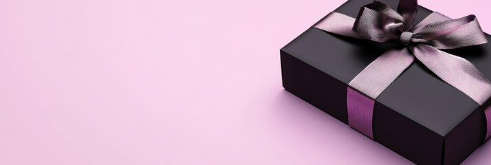Black gift box on purple color background. Long panoramic horizontal banner with large free space for text. Closed matte paper product box template tied with silver ribbon, bow. Luxury present. Shop