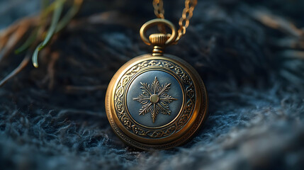 Detailed close-up of a vintage pocket watch pendant.