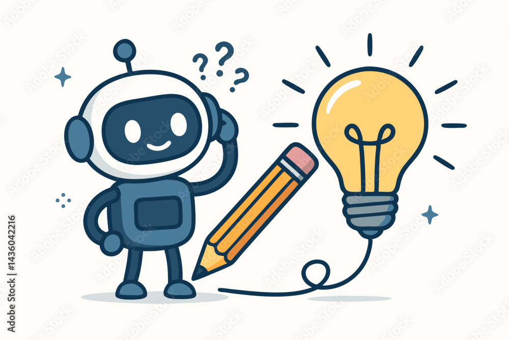 Aufkleber cute ai robot character brainstorming with pencil and lightbulb, representing artificial intelligenc