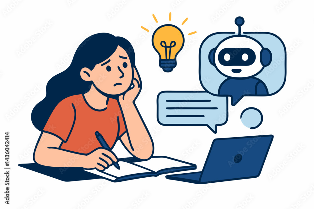 Aufkleber confused woman thinking hard at desk receives help and bright idea from an artificial intelligence c