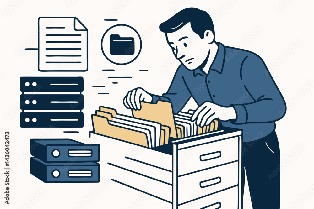 Poster office worker organizing documents in a file cabinet drawer, vector illustration depicting efficient