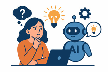 AI assistant provides innovative ideas to thoughtful woman working on laptop, technology boosting problem-solving skills, human and robot collaboration vector illustration.