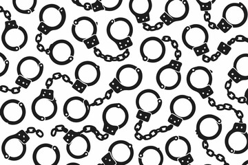 Seamless monochrome pattern of black handcuff silhouettes on white background. Vector illustration representing crime, law enforcement, justice, arrest, and security concepts.