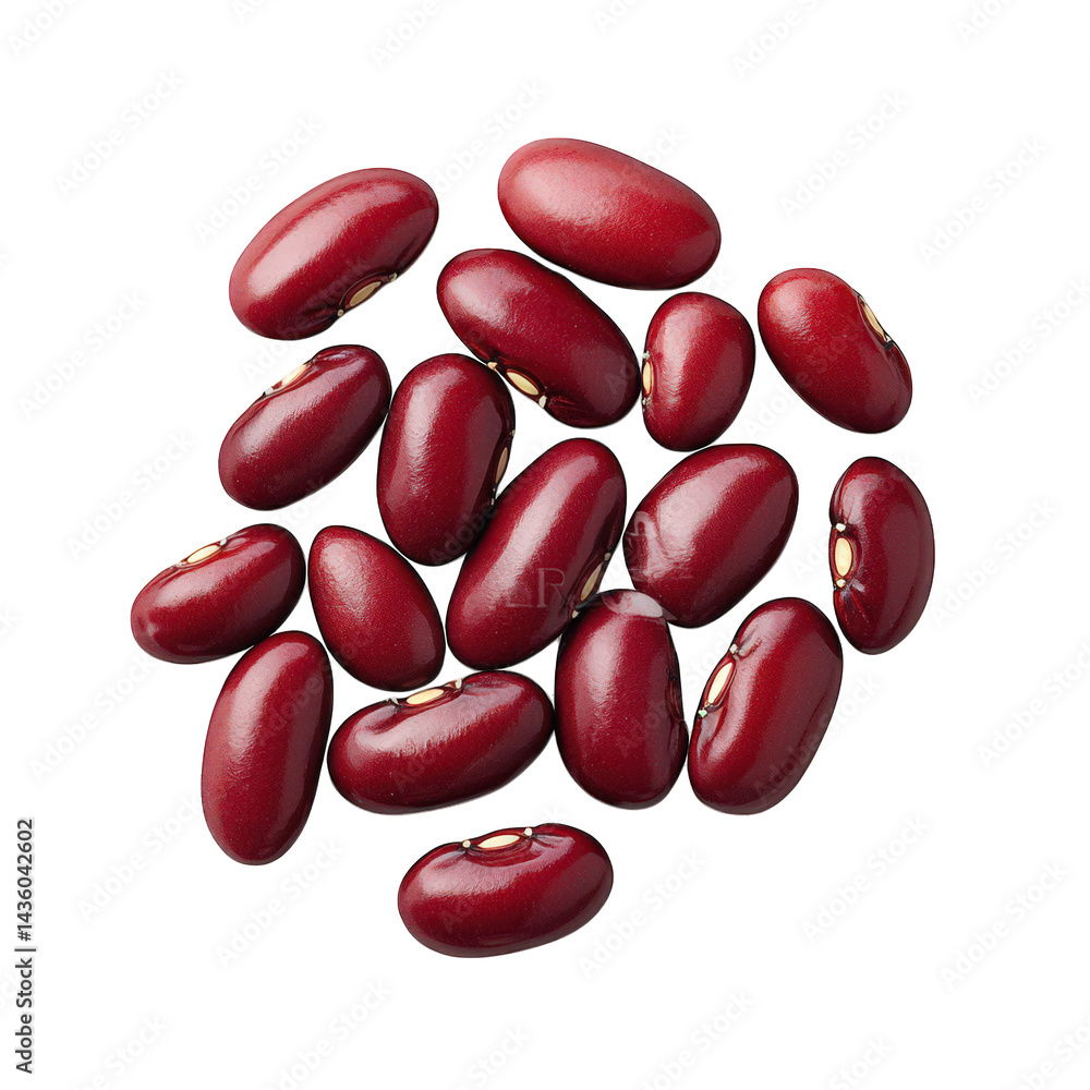 Poster a collection of red kidney beans arranged on a white background. showcasing their glossy texture and