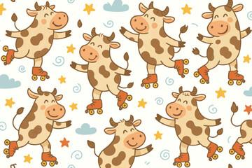 Cute Cartoon Cows Roller Skating Seamless Pattern Vector Illustration for Kids, Playful Animal Background with Stars and Clouds, Funny Farm Characters Having Fun on Skates