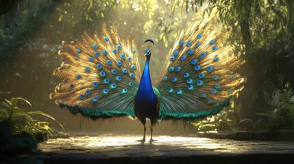 Obraz premium A regal peacock mid-display, tail feathers wide open, beautiful iridescent blues, teals, and shimmering golds, surrounded by nature