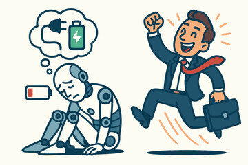 Tired robot with low battery dreaming of recharge contrasts with energetic happy businessman jumping with full vitality and success, cartoon vector illustration of burnout vs motivation.