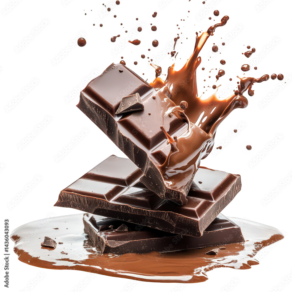 Poster stacked pieces of dark chocolate with a splash of liquid chocolate. creating an enticing and dynamic