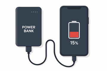 Portable Power Bank Charging Smartphone with Low Battery Indicator Showing 15 Percent, Mobile Energy Solution Vector Illustration for Technology Concepts