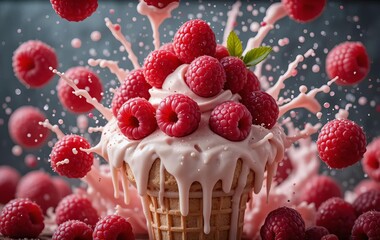 A close-up photo of a vanilla ice cream cone with raspberries on top, surrounded by floating raspberries and melting ice cream