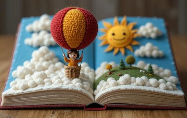 A 3D book with a little girl flying in a hot air balloon over a cloud island, with a smiling sun in the background