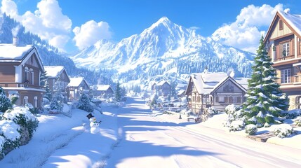 Fototapeta premium Snowy village street scene nestled in a valley, with snow-covered houses, a majestic snow-capped mountain in the background, and a snowman