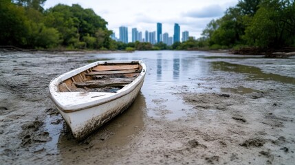 Fototapeta premium Abandoned wooden boat on muddy shore. City skyline in the background