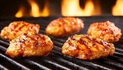 Juicy grilled chicken pieces, glistening with glaze, cook over vibrant flames