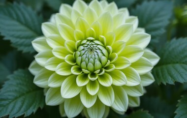 A close-up of a vibrant lime-green dahlia flower surrounded by dark-green leaves