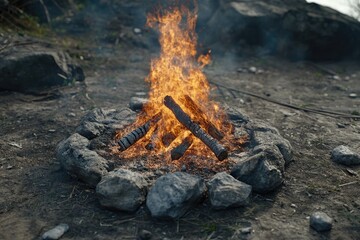 Campfire surrounded by rocks