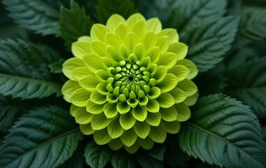 A close-up of a vibrant lime-green dahlia flower surrounded by dark-green leaves