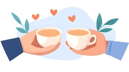 Two hands gently clinking teacups, hearts float above, signifying warmth and connection