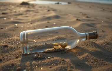 A bottle half-buried in the sand on a beach, with two small golden hearts inside and a beautiful sunset in the background.