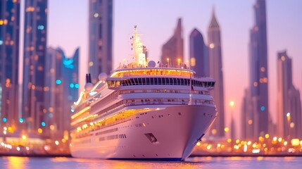 Obraz premium Majestic cruise ship at twilight, docked amidst a city skyline