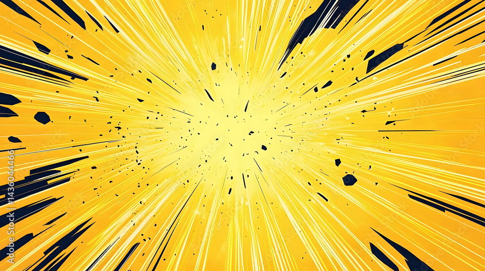 Poster yellow manga anime action frame lines with halftones. pop art retro background with exploding rays o