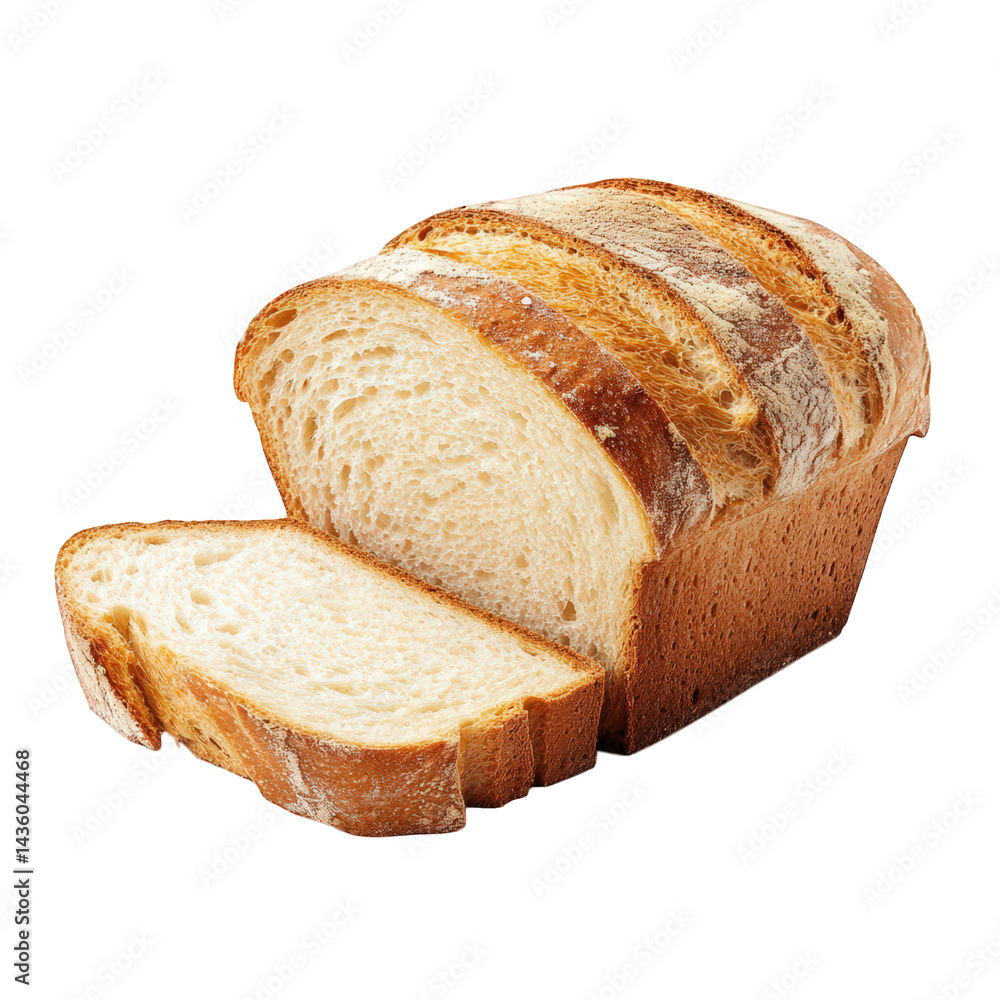 Poster loaf of sliced bread. showcasing its soft. light-colored interior and crusty exterior the slices are
