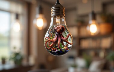 A hanging lightbulb with an octopus inside, surrounded by aquarium decorations.