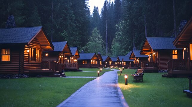 Serene row of illuminated log cabins nestled in a misty forest at dusk  Path leads between them