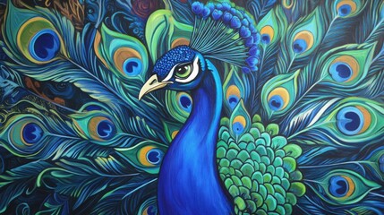 A vibrant peacock opening its tail, showcasing brilliant blue and green plumage with intricate details and radiant feather eyes
